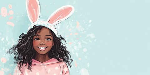 Smiling african american girl with bunny ears on light blue background