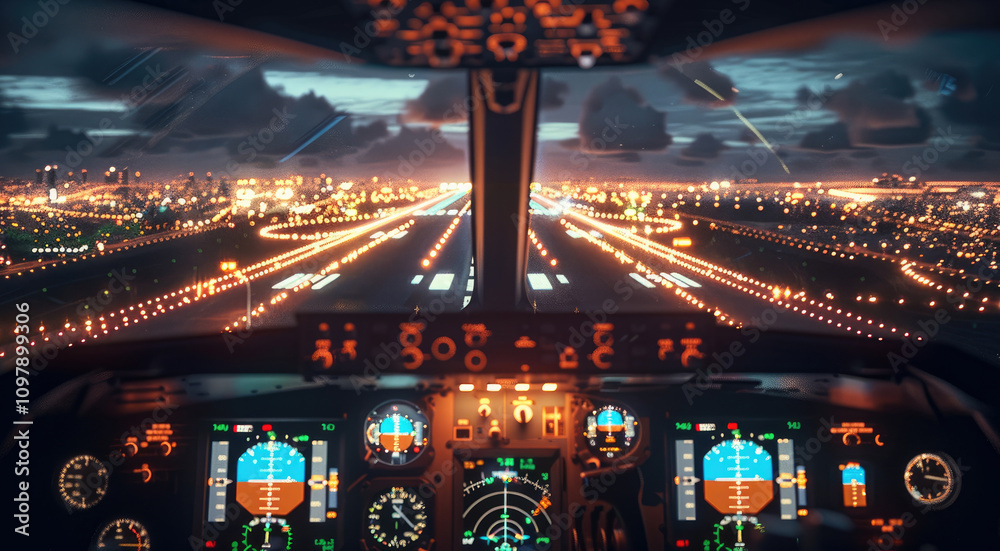 Poster a nighttime landing from the perspective of a cockpit approaching a runway. the runway lights should