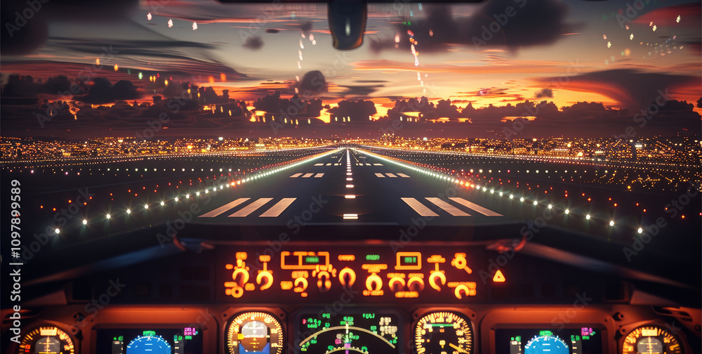 Poster a nighttime landing from the perspective of a cockpit approaching a runway. the runway lights should