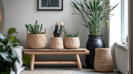 Fototapeta premium A collection of woven baskets, varying in size, hold various plants, creating a calm and natural atmosphere. The neutral color palette adds to the serene mood.