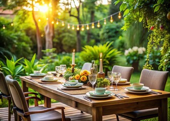 Obraz premium Inviting Outdoor Dining Setup with Elegantly Arranged Tableware, Lush Greenery, and Soft Lighting for a Relaxed Dining Experience in a Natural Setting