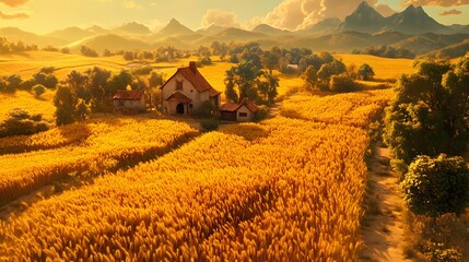 Naklejka premium A serene countryside scene with a golden wheat field and a charming farmhouse.