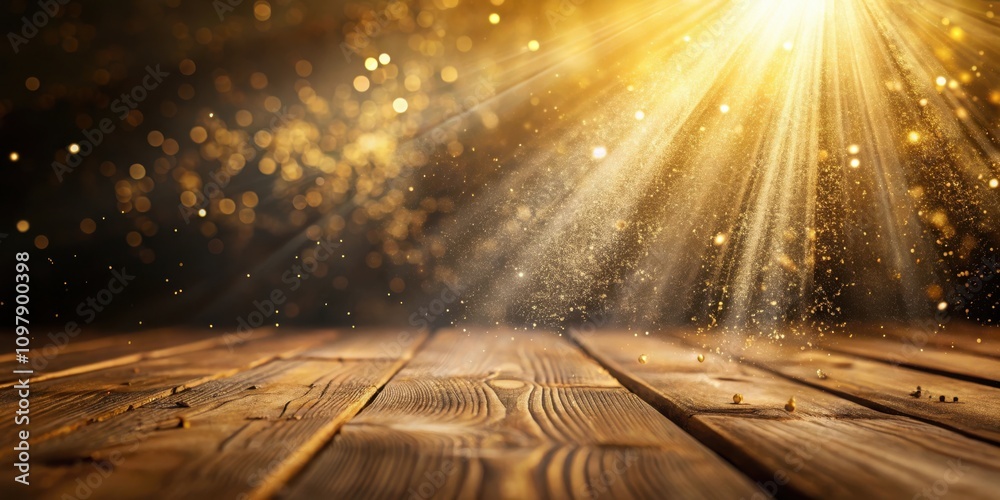 Poster golden light rays illuminating a rustic wooden surface with a scattered dust of glimmering particles
