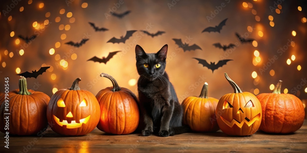 Poster a black cat sits in front of glowing jack-o-lanterns, surrounded by bats against a background of blu