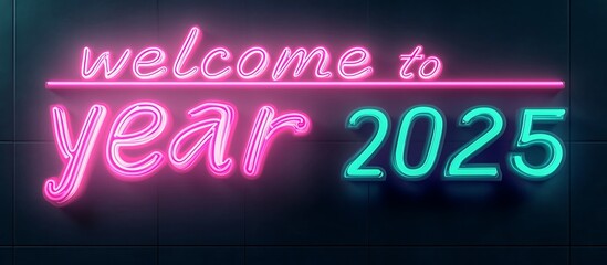 Obraz premium 3D neon welcome to new year 2025 in glowing pink and cyan, against a dark, minimalistic setting for a high-tech appearance.