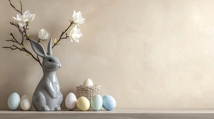 A ceramic bunny vase holds a magnolia branch, and pastel Easter eggs sit in a small basket in front. A serene spring scene.