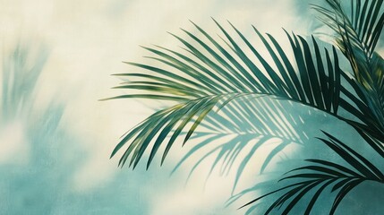 intricate shadows of palm leaves are cast over a textured wall,