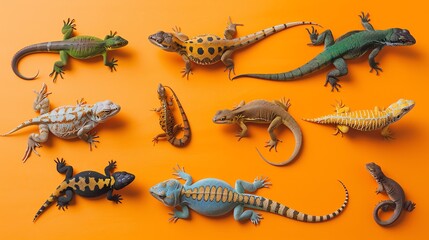 Fototapeta premium A collection of colorful lizards on an orange background.