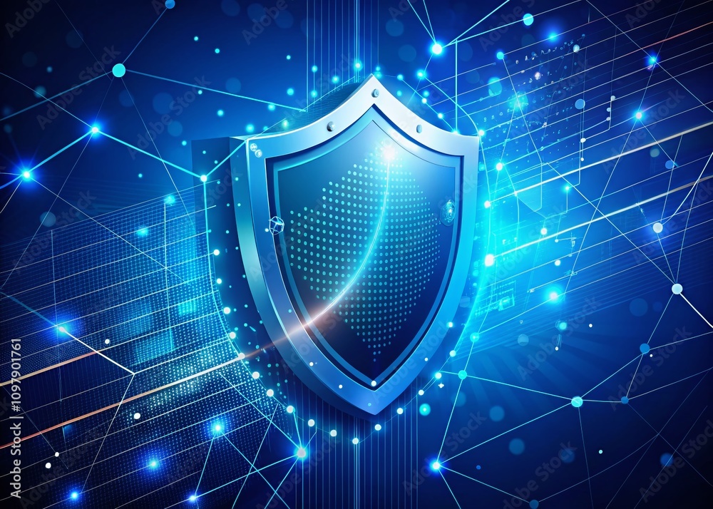 Poster isometric shield representing cyber security with connecting dots and lines for data privacy protect