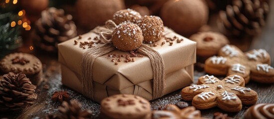 Fototapeta premium Rustic Christmas gift wrapped in kraft paper with gingerbread cookies and festive decorations on a wooden table