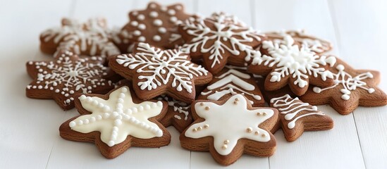 Decorative gingerbread cookies shaped as snowflakes and stars arranged on a rustic white wooden surface for festive holiday vibes