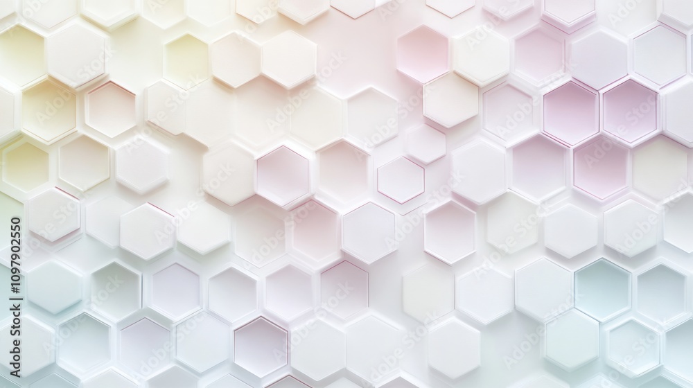 Poster a network of hexagons in a gradient of soft pastels, arranged in a balanced and harmonious layout on