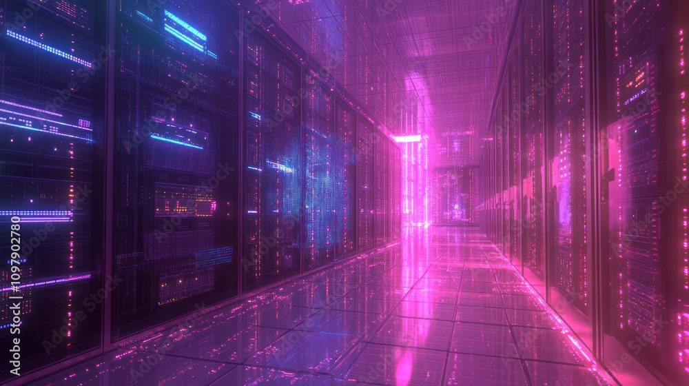 Poster an advanced server room featuring rows of high-performance servers with blinking lights, emphasizing