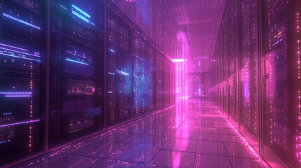 Obraz premium An advanced server room featuring rows of high-performance servers with blinking lights, emphasizing a vibrant, tech-driven environment.