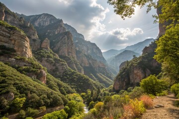Fototapeta premium Breathtaking Low Angle View of Big Tujunga Canyon with Bokeh Effect in Angeles National Forest, Capturing Stunning Natural Beauty and Vibrant Landscape Colors