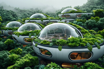 A futuristic concept of a green smart city with eco-friendly spherical homes nestled in lush vegetation