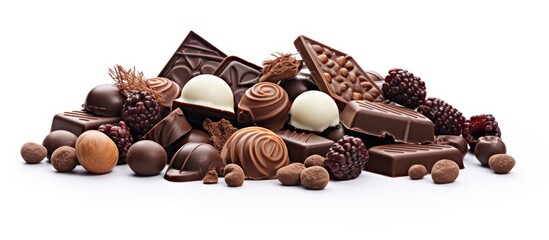 Assorted gourmet chocolate selection with decadent truffles and pralines on a clean white background
