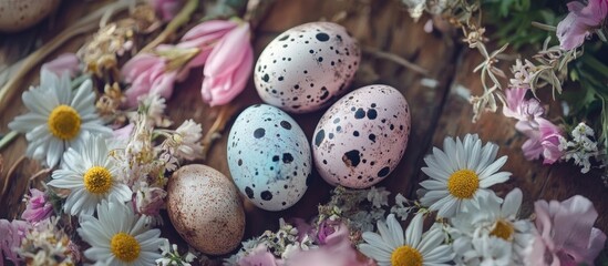 Obraz premium Colorful Easter eggs surrounded by vibrant spring flowers on a rustic wooden background creating a festive seasonal atmosphere.
