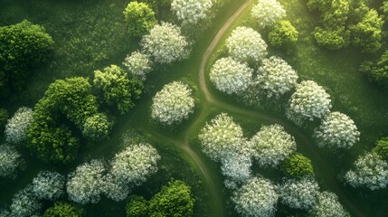 Obraz premium Aerial view of lush green trees with blooming white flowers in a serene landscape.