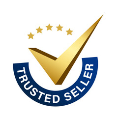 Trusted seller logo label badge with gold check mark symbol and stars. Vector design for verified product, best seller product or marketing promotion.