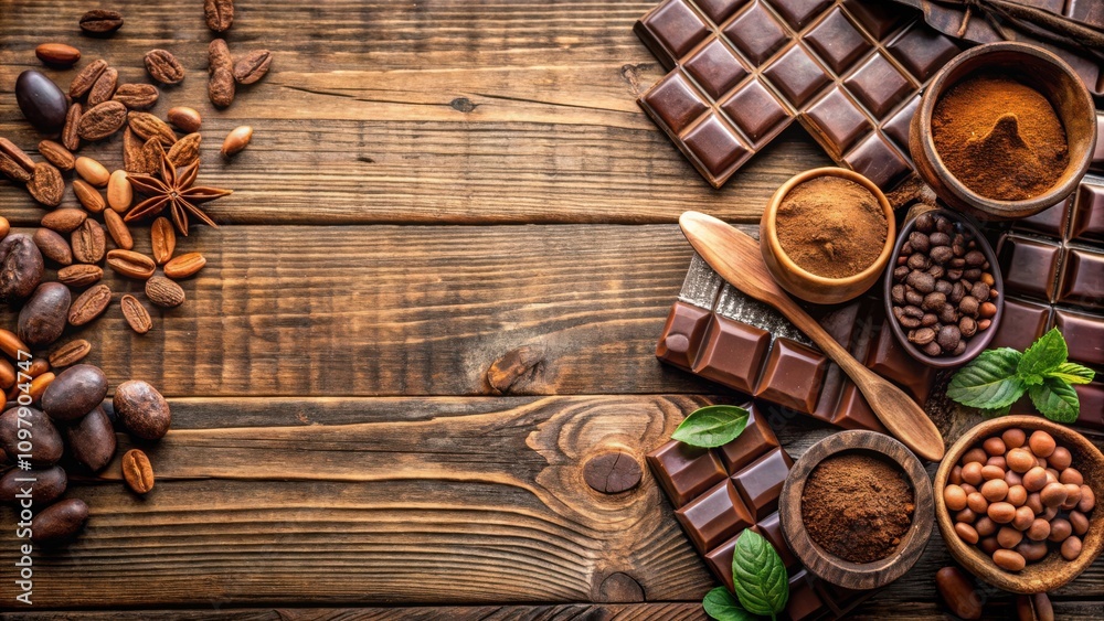Poster Chocolate and Cocoa Bean Delights A Rustic Wooden Background with Fresh Mint Leaves and Powdered Cocoa