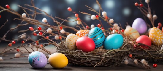 Colorful Easter eggs arranged in a nest with willow branches creating a festive spring atmosphere in closeup photography