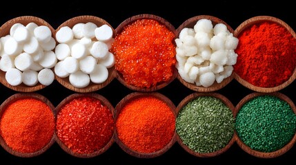 Colorful assortment of spices and toppings in wooden bowls