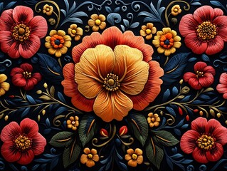 Vibrant Floral Folk Art Pattern with Intricate Handcrafted Flowers and Leaves Inspired by Traditional Eastern European Embroidery