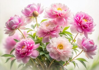Obraz premium Long Exposure of a Lush Peony Bush Isolated on a Pure White Background, Capturing the Delicate Beauty and Soft Movement of Each Blooming Flower in Elegant Detail