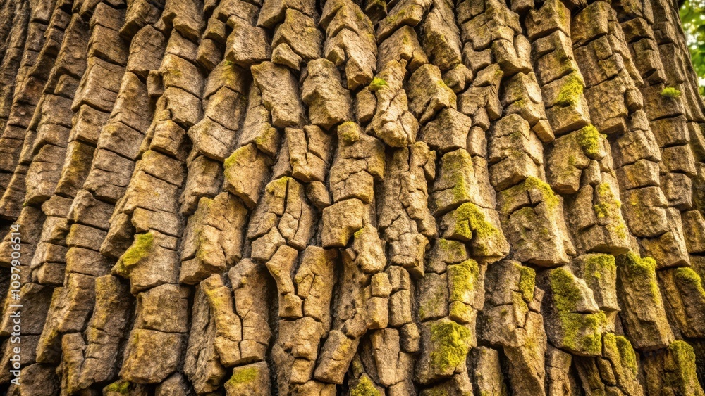 Poster A close-up view of the textured bark of a tree, revealing the intricate patterns and the presence of verdant moss
