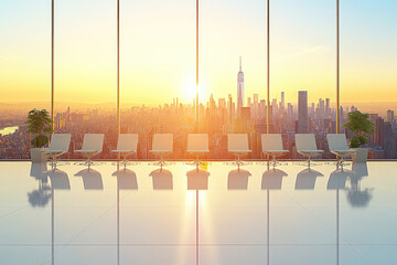 Serene sunrise view over a cityscape from a modern office waiting area.  Six sleek chairs await visitors, reflecting the golden light.