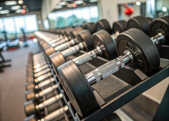 Fototapeta premium Close Up of Dumbbells in a Modern Gym - Fitness Equipment, Weightlifting, Strength Training, Gym Interior, Health Fitness, Exercise Gear, Home Gym, Workout Essentials, Bodybuilding Accessories