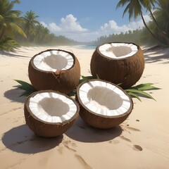 Three coconuts, one of which is cracked and visible
