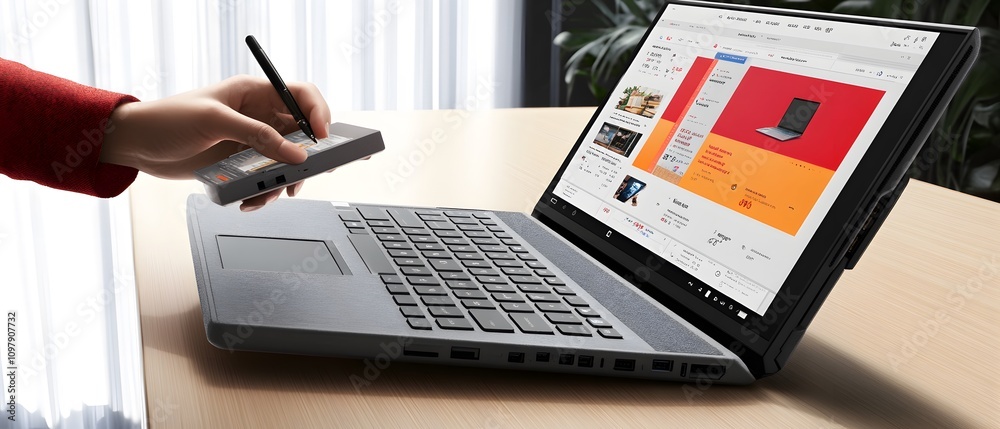 Poster a person using a stylus on a device beside a laptop displaying a colorful interface.