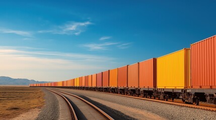 Fototapeta premium Massive freight train traversing the vast desert landscape of the American Southwest under a vivid blue sky