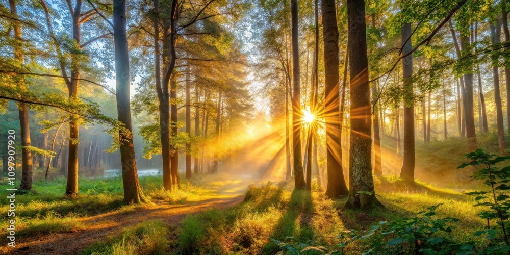 Poster sunlight streams through a dense forest, illuminating the path with a warm golden glow, as the morni