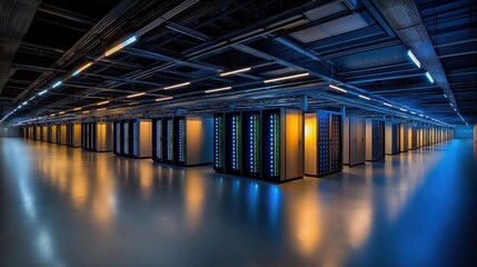 Futuristic data center featuring sleek rows of high-tech servers illuminated by ambient LED lighting