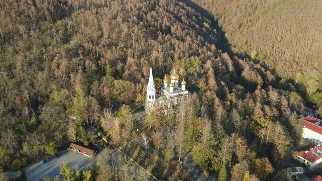 Aerial view of Shipka Monastery Holy Nativity, known as Russian church in town of Shipka, Stara Zagora Region, Bulgaria