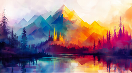 An AI generative image of abstract castle at nature landscape with pine tree and mountain insight.