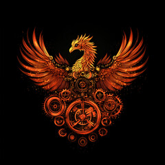 Mechanical phoenix with fiery gears soars in a dark sky digital artwork fantasy imaginative artistic concept