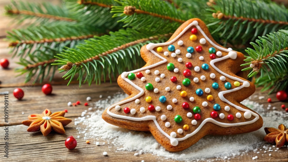 Poster festive gingerbread tree cookie decorated with sprinkles and surrounded by pine branches on a rustic