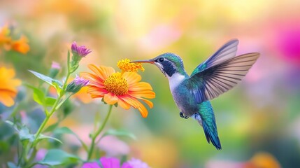 Fototapeta premium A Broad-Billed Hummingbird feeding on nectar from a vibrant orange flower, set against a blurred background of a Mexican garden filled with various colorful blooms.