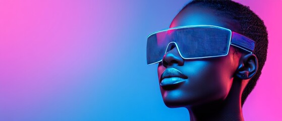 Side profile of a confident woman wearing futuristic visor glasses illuminated by vibrant pink and blue neon lights embodying tech forward innovation and modern style