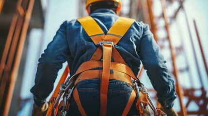 a safety harness secured to a construction worker as he prepares to ascend a tall scaffolding structure.
