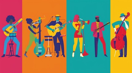 Illustration of a diverse jazz band playing instruments.