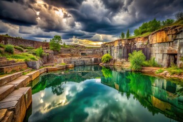 Stunning Abandoned Quarry with Serene Water Pool After Rain - Nature's Hidden Gem, Rustic Landscape, and Tranquil Reflections in a Disused Mining Site