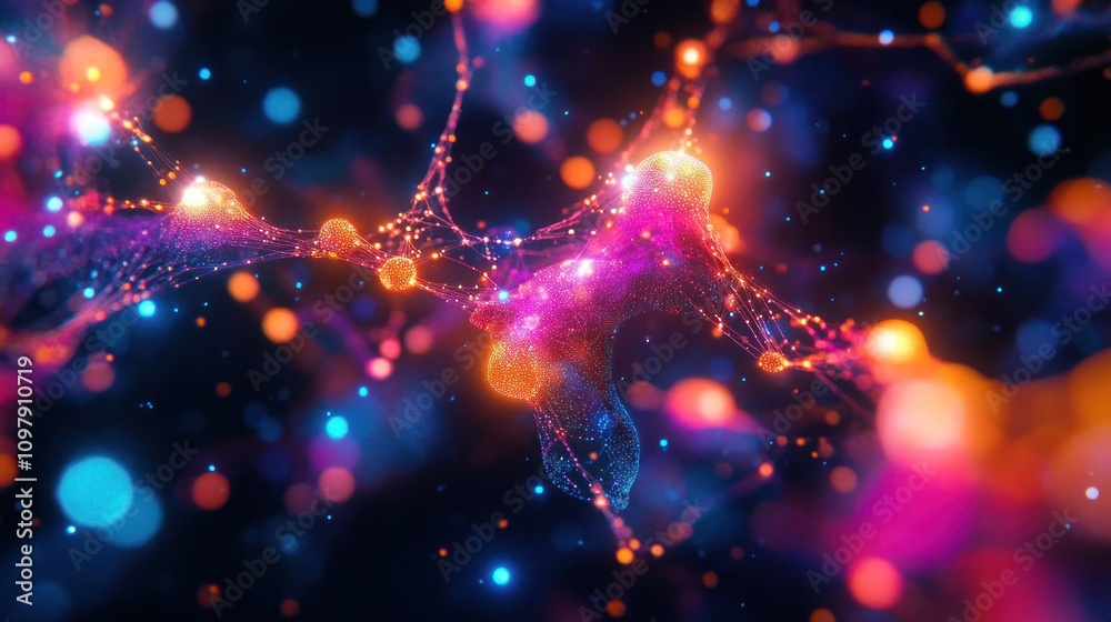 Poster a digital data network, where luminous particles form intricate pathways and connections.