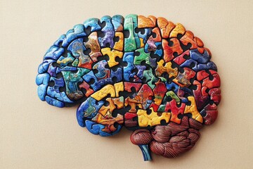 Fototapeta premium A colorful puzzle shaped like a brain, symbolizing creativity, intelligence, and cognitive connections.