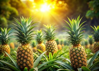 Fototapeta premium Lush Pineapple Farm Landscape Captured in Macro Photography, Showcasing Juicy Pineapples Surrounded by Vibrant Green Leaves Under Bright Sunshine, Perfect for Agriculture and Food Themes