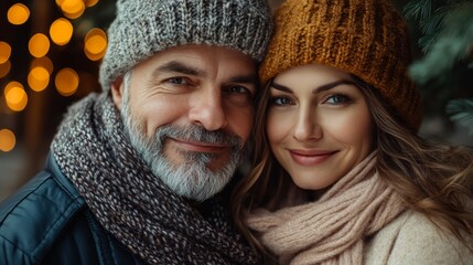 A close-up outdoor portrait of a mature man and a younger woman, both smiling warmly while wearing knitted hats and scarves